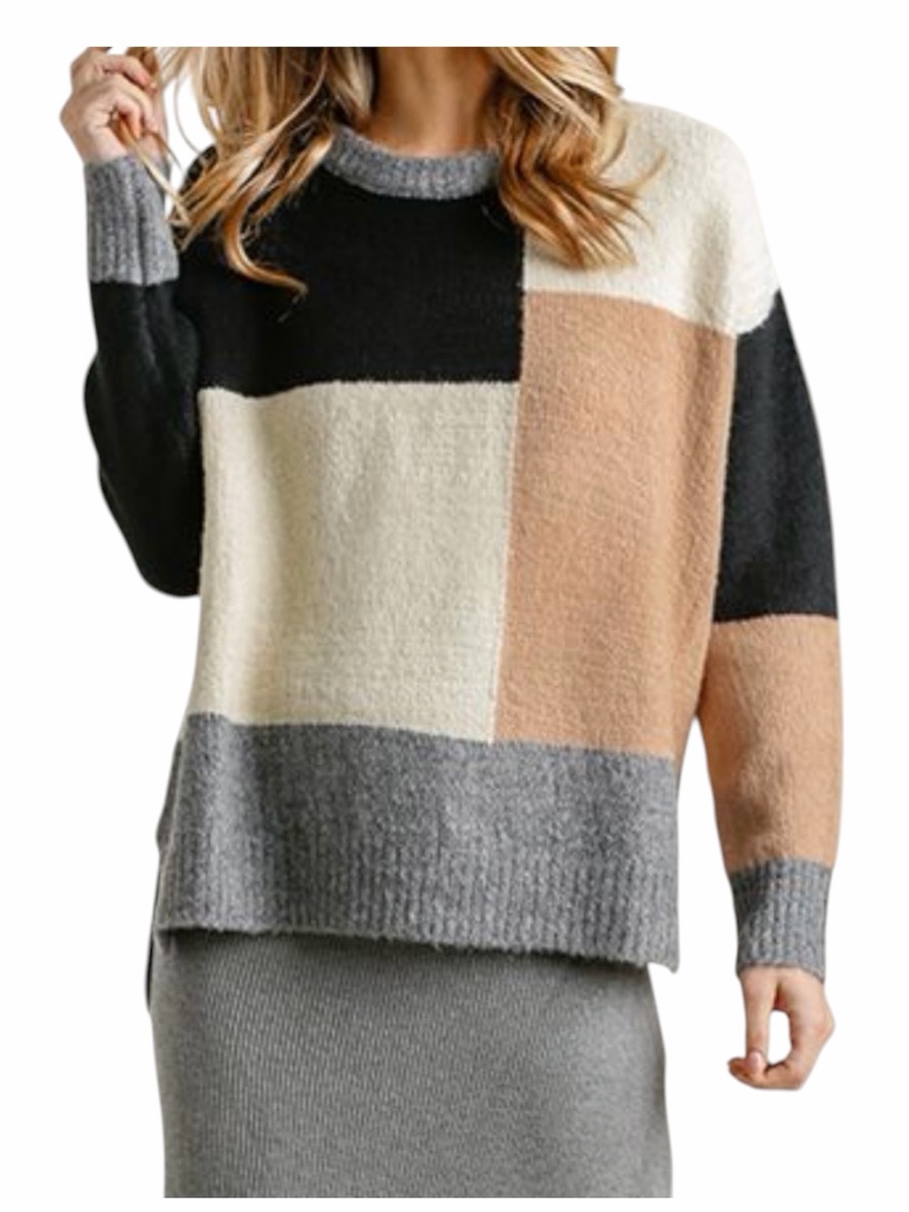 Umgee Oversized Colourblock Knit Mixed Media Sweater Size Small